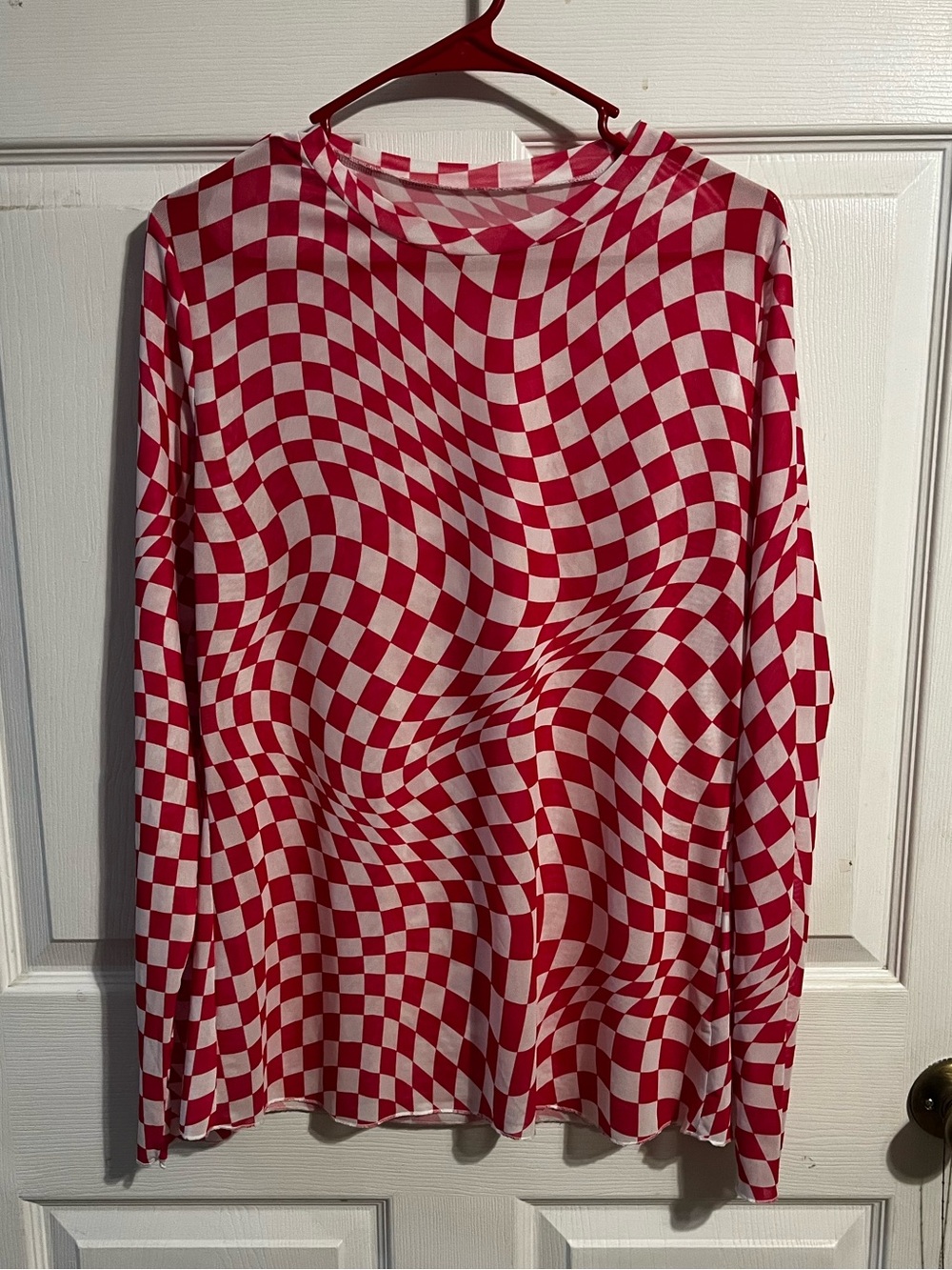 Pink & White Checkered Long Sleeve Mesh Top - Sz XL